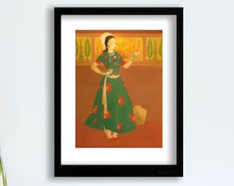 Abdur Rahman Chughtai, Mughal Lady, Eclectic Decor, Mughal Princess, Green Mughal Art, Pakistani Art, Mughal Prints, Female, Art Nouveau