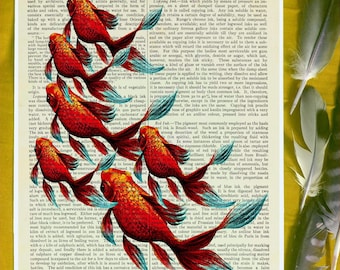Oranda Goldfish Print - Japanese Print, Eclectic Wall Art, Goldfish Print, Nature Lovers, Koi Pond, Dictionary Print, Book Page Art