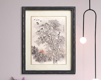 Kawanabe Kyosai, Crows at Dawn, Eclectic Wall Art, Japanese Art Print, Vintage Raven Print