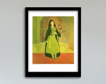 Abdur Rahman Chughtai, Peacock Pose, Eclectic Decor, Green Mughal Art, Pakistani Art, Watercolour Princess, Female, Art Nouveau