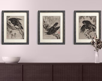 Kawanabe Kyosai, Crow Art, Eclectic Wall Art, Set of 3, Japanese Art Print, Vintage Raven Print