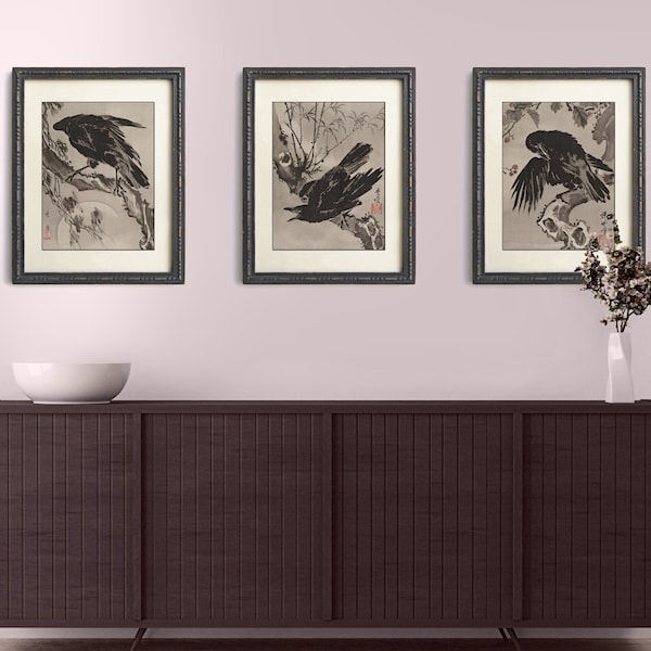 Kawanabe Kyosai, Crow Art, Eclectic Wall Art, Set of 3, Japanese Art Print, Vintage Raven Print