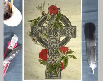 Gothic Cross Print, Roses, Eclectic, Celtic, Gothic Decor, Gothic Cathedral, Gifts for Goths