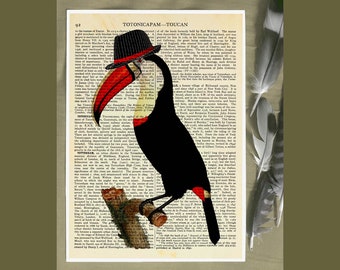 Toucan Art Print, Eclectic Decor, Quirky, Kitsch, Toucan Print, Birds, Boho Decor, Anthropomorphic, Dictionary Print, Book Page Art