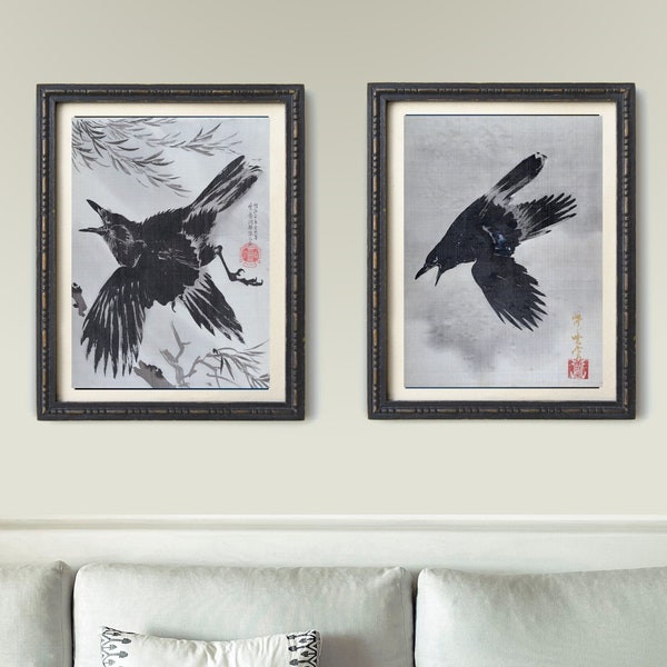Kawanabe Kyosai, Crow Art, Eclectic Wall Art, 2 Set Print, Japanese Art Print, Vintage Raven Print