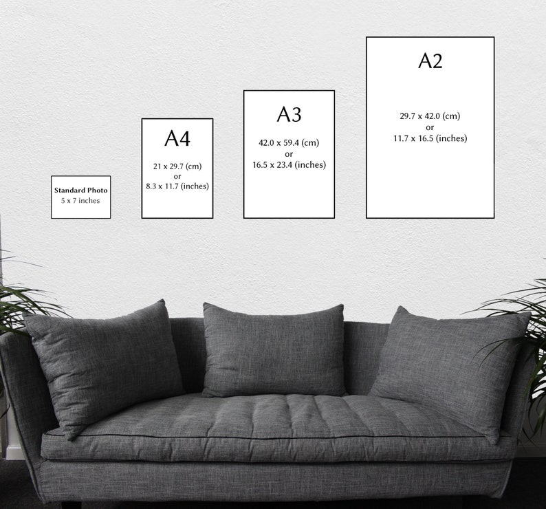 Visual representation of sample fine art print sizes