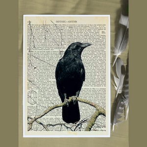 Perched Crow - Book Page Reproduction, Crow Art, Raven, Edgar Allan Poe, Gothic, Nature, Gifts for Goths, Dictionary Print, Book Page Art