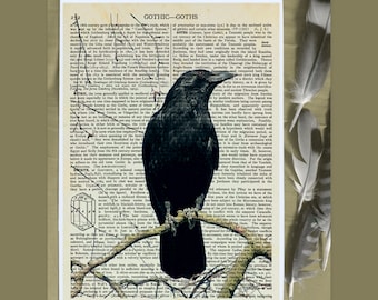 Perched Crow - Book Page Reproduction, Crow Art, Raven, Edgar Allan Poe, Gothic, Nature, Gifts for Goths, Dictionary Print, Book Page Art