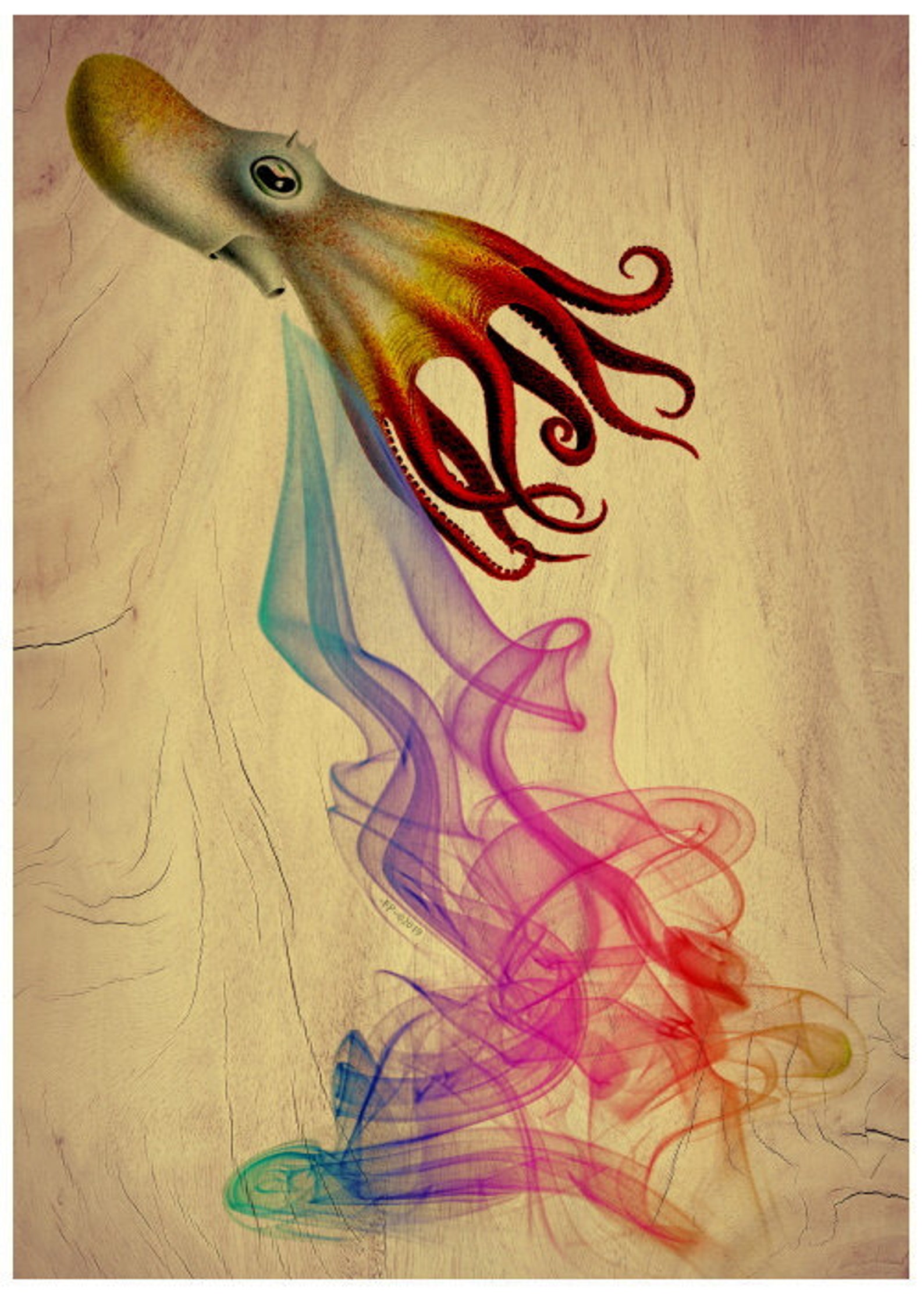 Wood Effect Print Octopus Squirting Ink Squid Art Rainbow Etsy