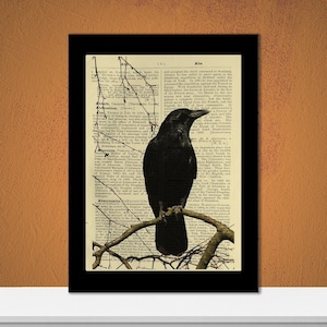 Perched Crow, Crow Art, Raven, Edgar Allan Poe, Traditional Gothic, Nature, Dictionary Print, Book Page Art, Gifts for Goths