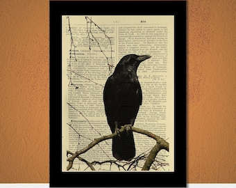 Perched Crow, Crow Art, Raven, Edgar Allan Poe, Traditional Gothic, Nature, Dictionary Print, Book Page Art, Gifts for Goths