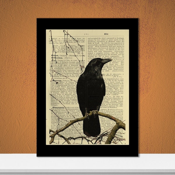 Perched Crow, Crow Art, Raven, Edgar Allan Poe, Traditional Gothic, Nature, Dictionary Print, Book Page Art, Gifts for Goths