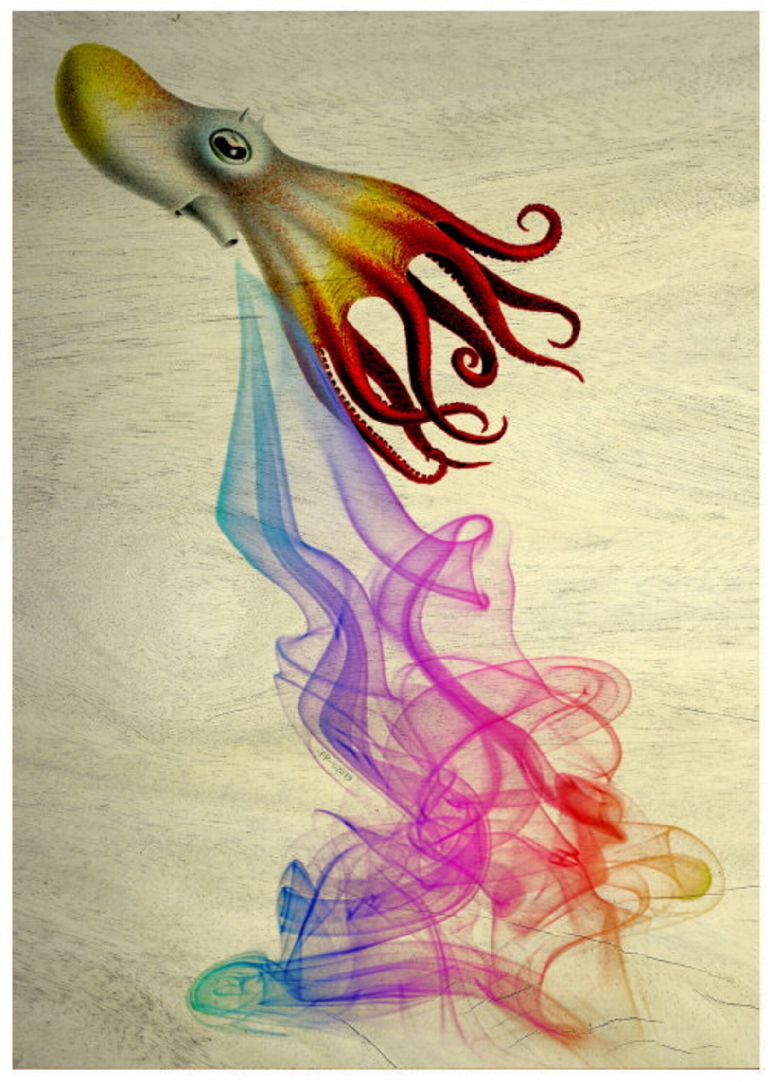 Wood Effect Print Octopus Squirting Ink Squid Art Rainbow Etsy