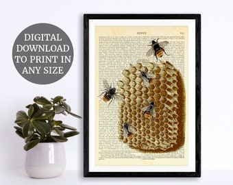 Bees, Bee Printable Art, Bee With Honeycomb, Eclectic, Bee Home Decor, Nature Lovers, Bee House, Instant Download, Printable Wall Art