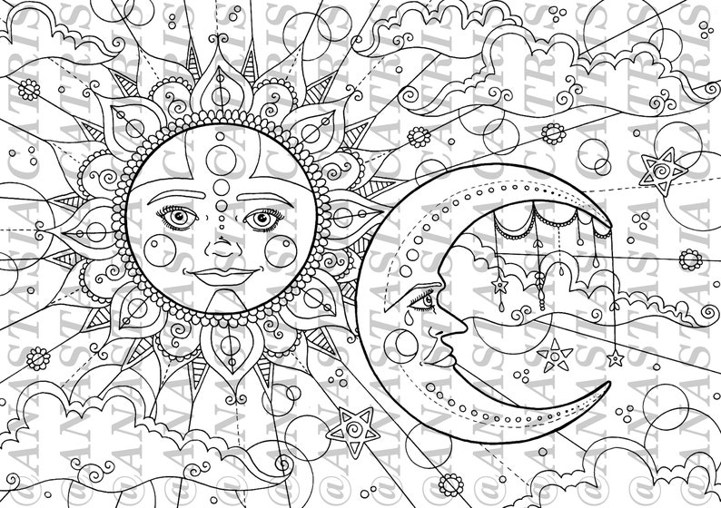 Sun and Moon Adult Colouring Page Instant PDF Download | Etsy