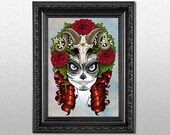 Red Haired Candy Skull A4 Art Print Mexican Sugar Skull Portrait Punk, tattoo, gothic, alternative Dia de los Muertos.