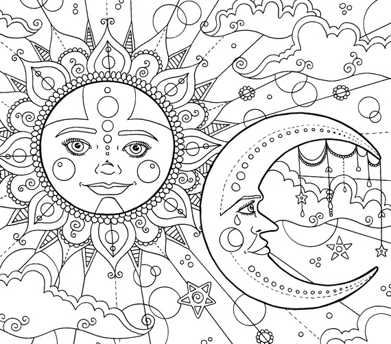Sun and Moon Adult Colouring Page Instant PDF Download | Etsy
