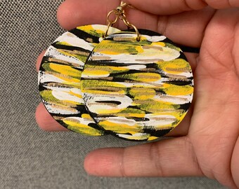 Lightweight ethnic earrings, 2” round wooden earring design painted yellow black and white, Black owned shop.