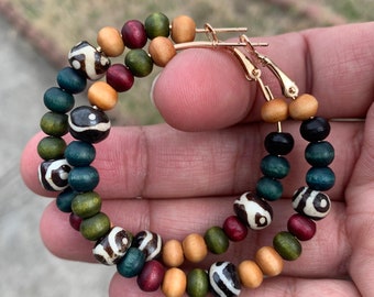African Print Hoop Earrings, Colorful Wooden Batik Bone Beads, Lightweight Handmade Hoops