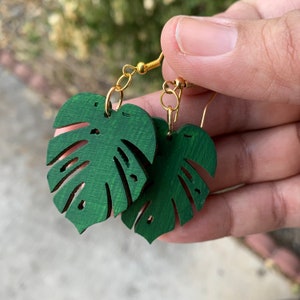 Tropical leaf dangle earrings, handcrafted gift for plant lover, green leaf earrings, Black owned jewelry shop.