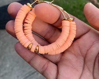 Soft peach color bead earrings, African vinyl hoop earrings, handcrafted earrings, gift for her, Black owned business