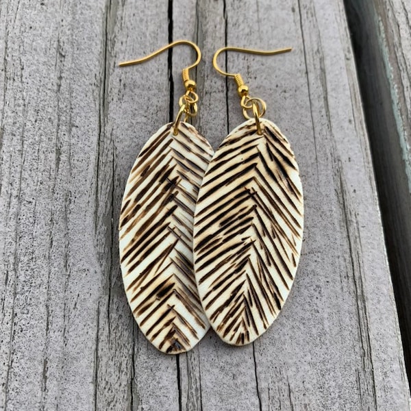 African style earrings, tribal woodburn pattern,  lightweight pyrography earrings, earring gift for her.