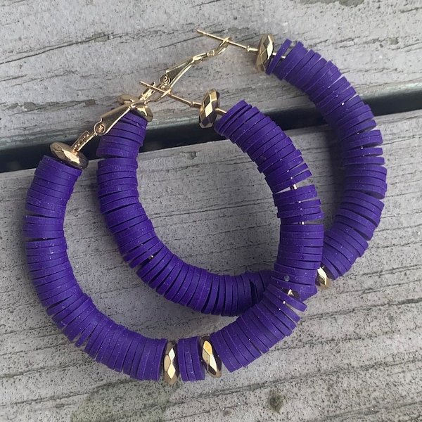 Purple hoop earrings, clay bead 2” earrings.