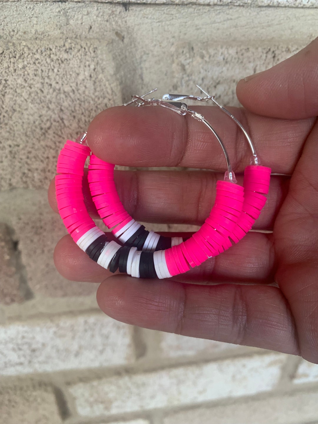 Bright Pink Hoop Earrings, Black and White Hoops Clay Bead 2” Earrings ...