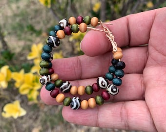 African print bead hoop earrings, handcrafted hoop earrings, lightweight everyday earrings, Black owned shop.