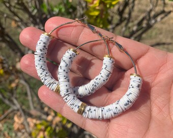 Flat bead hoop earrings, White and gold Heishi bead earrings, everyday earrings, Black woman owned jewelry shop.