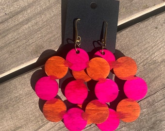 Big Eye-Catching Earrings|Alcohol Ink Designed| African Inspired Wooden Earrings|Ethnic Jewelry for Women|Pink and Orange Earrings
