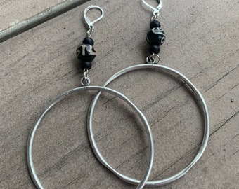 Oversized hoop earrings, hammered silver hoop earrings, ethnic earrings for her, African inspired everyday earrings, Black owned shop.