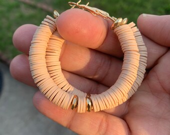 Heishi bead earrings, African vinyl hoop earrings, handcrafted earrings, gift for her, Black owned business