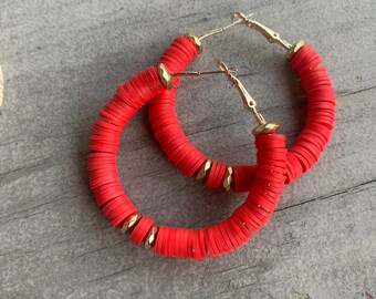 Tomato Red color bead earrings, African vinyl hoop earrings, handcrafted earrings, gift for her, Black owned business