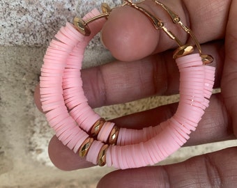 Pale pink Heishi bead earrings, African vinyl hoop earrings, handcrafted earrings, gift for her, Black owned business