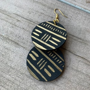 Mudcloth design wooden earrings, handcrafted earring gift idea, Black owned jewelry shop.