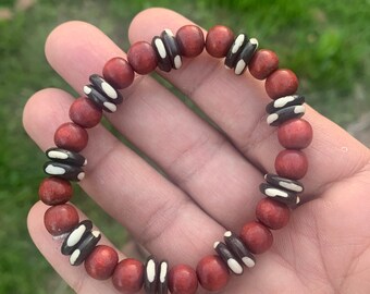 African inspired bracelet, wood and bone bead elastic bracelets for men and women, handcrafted gift, Black owned jewelry shop.