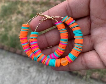 Heishi hoop earrings, African vinyl and frosted glass hoop earrings, handcrafted colorful earrings, Black owned business