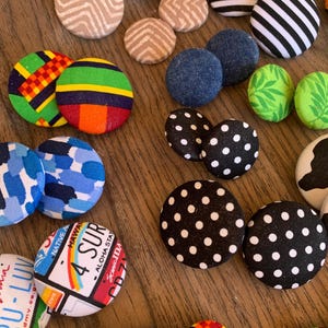 African Print Fabric Covered Button Earrings, Ankara, Denim, Polka Dots, Floral, Striped Lightweight Stud Earrings in 2 sizes!