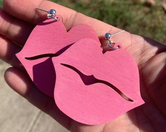 LIPS wooden earrings, FULL LIPS shaped earrings, handcrafted matte earrings, unique jewelry gift idea, Black owned shop.