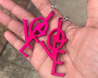 LOVE wooden earrings, long fuschia pink handcrafted and painted earrings, lightweight dangle earrings.