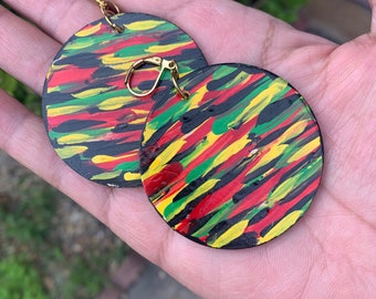 Afrocentric Hand-Painted Wooden Earrings, Lightweight Statement Jewelry, Red Yellow Black Green