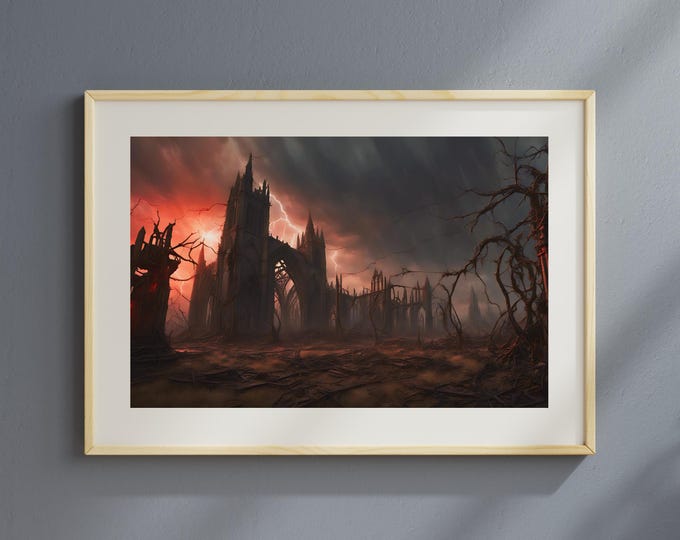 Church Ruin Wall Art: Stormy Red Sky Landscape (Instant Download)