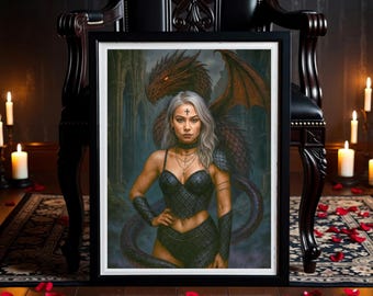 Lámina decorativa de pared con imagen de la diosa dragón roja fantástica, estampado gótico femenino de dragón, decoración de criaturas míticas.