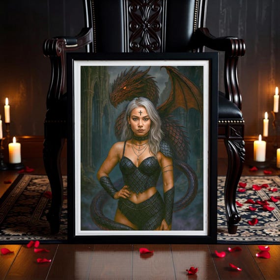 Fantasy Red Dragon Goddess Wall Art Printable, Gothic Feminine Dragon Print, Mythical Creature Decor