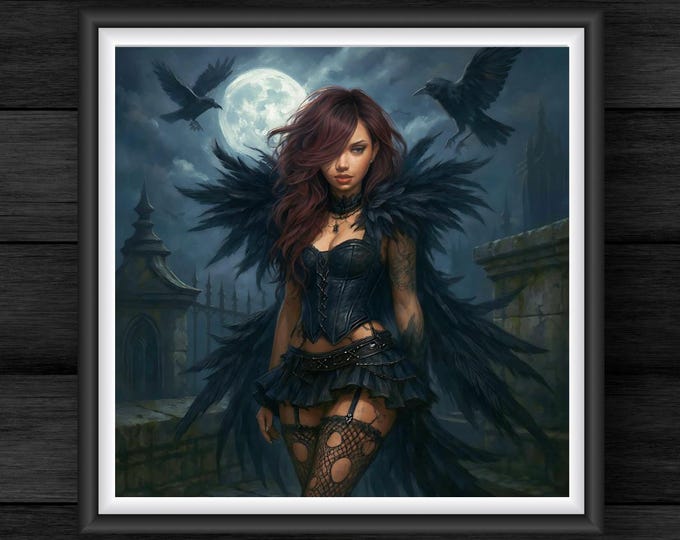 Gothic Raven Angel Printable Art - Dark Fantasy Moonlit Wall Decor
