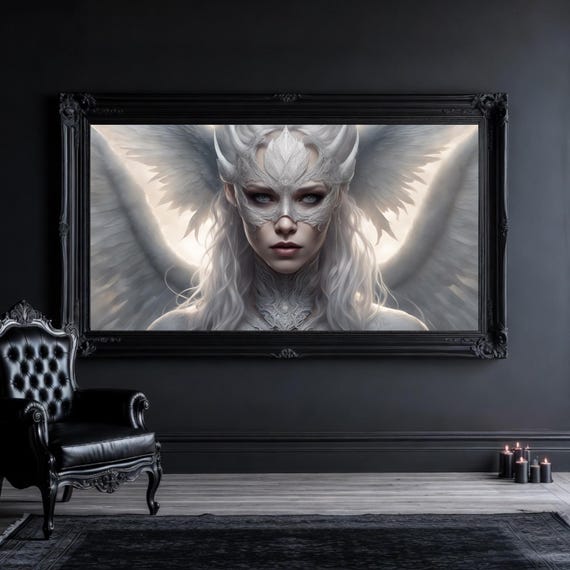 Celestial Guardian Warrior Angel Printable Artwork Gothic Fantasy Silver Masked Winged Ascendent Art