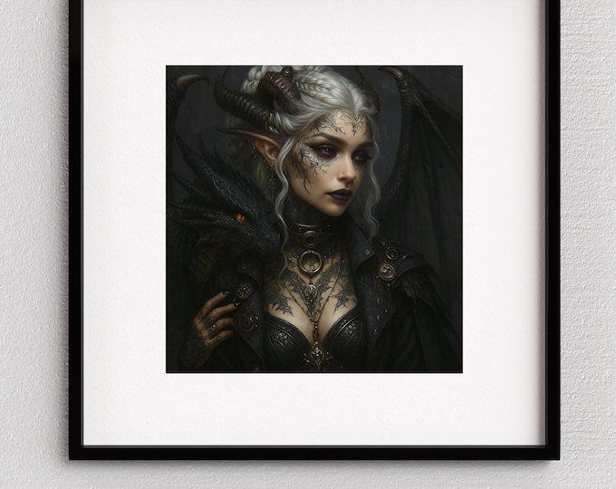 Horned Elf and Dragon Art: Dark Fantasy Sorcerer (Digital Download)
