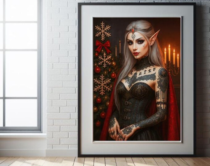 Gothic Elf Art Print, Winter Queen, Red Cape (Dark Fantasy Holiday)
