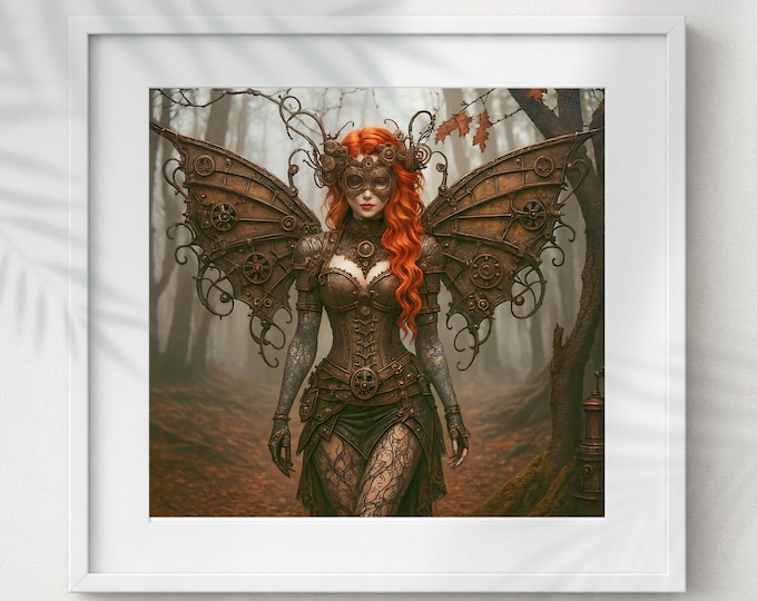 Gothic Steampunk Fairy Print - Brass Wings, Mechanical Butterfly Nymph